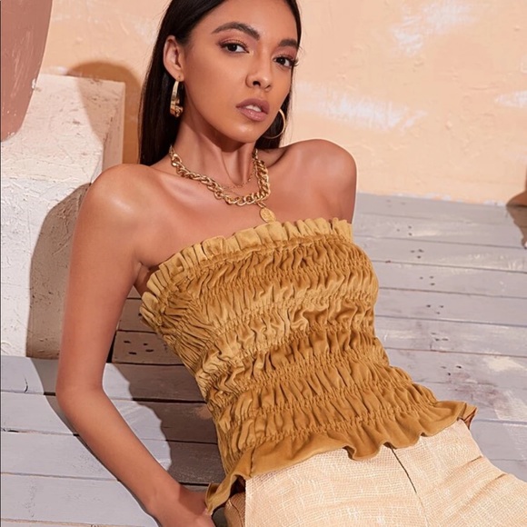 🌻 Gold Velvet Shirred Gathered Tube Top - Picture 1 of 7